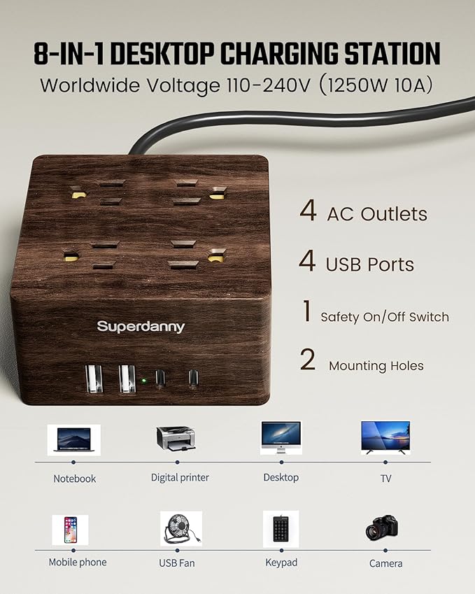 SUPERDANNY USB Power Strip Surge Protector - Desktop Extension Cord with 4 Widely Spaced Outlets & 4 Smart USB Ports, Portable Charging Station for Home, Office, Hotel, Dorm, RV, Deep Walnut Grain