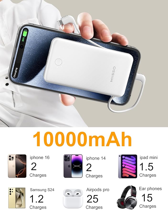 miisso Ultra Slim 10000mAh Power Bank Built-in Cables and Foldable AC Wall Plug, Pocket Size USB C Portable Charger, External Battery Pack Compatible with iPhone Samsung iPad etc, White