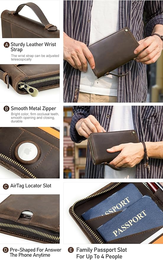 Top Grain Leather Travel Passport Wallet Holder Case for Man & Woman, Handmade for 4 Passports & Multi Cards, RFID Blocking Large Capacity for Cards/Passports/Tickets/AirTag, Matte Coffee