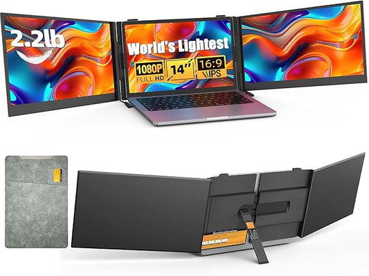 14" Triple Laptop Screen Extender - Ultra Thin & Lightweight (2.2lb) Portable Monitor For Laptop, FHD 1080P Travel Display 13-17" Laptops, Plug & Play USB-C/HDMI, Aluminum Extended Screen for Mac/Win