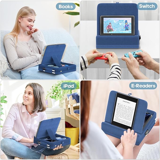 KDD Tablet Pillow Stand with Storage, Foldable iPad Holder for Lap, Desk and Bed, Angle Adjustable Soft Pad Dock with Stylus Mount Compatible with iPad Pro, Air, mini, Book, Phone and Tablet (4-13")