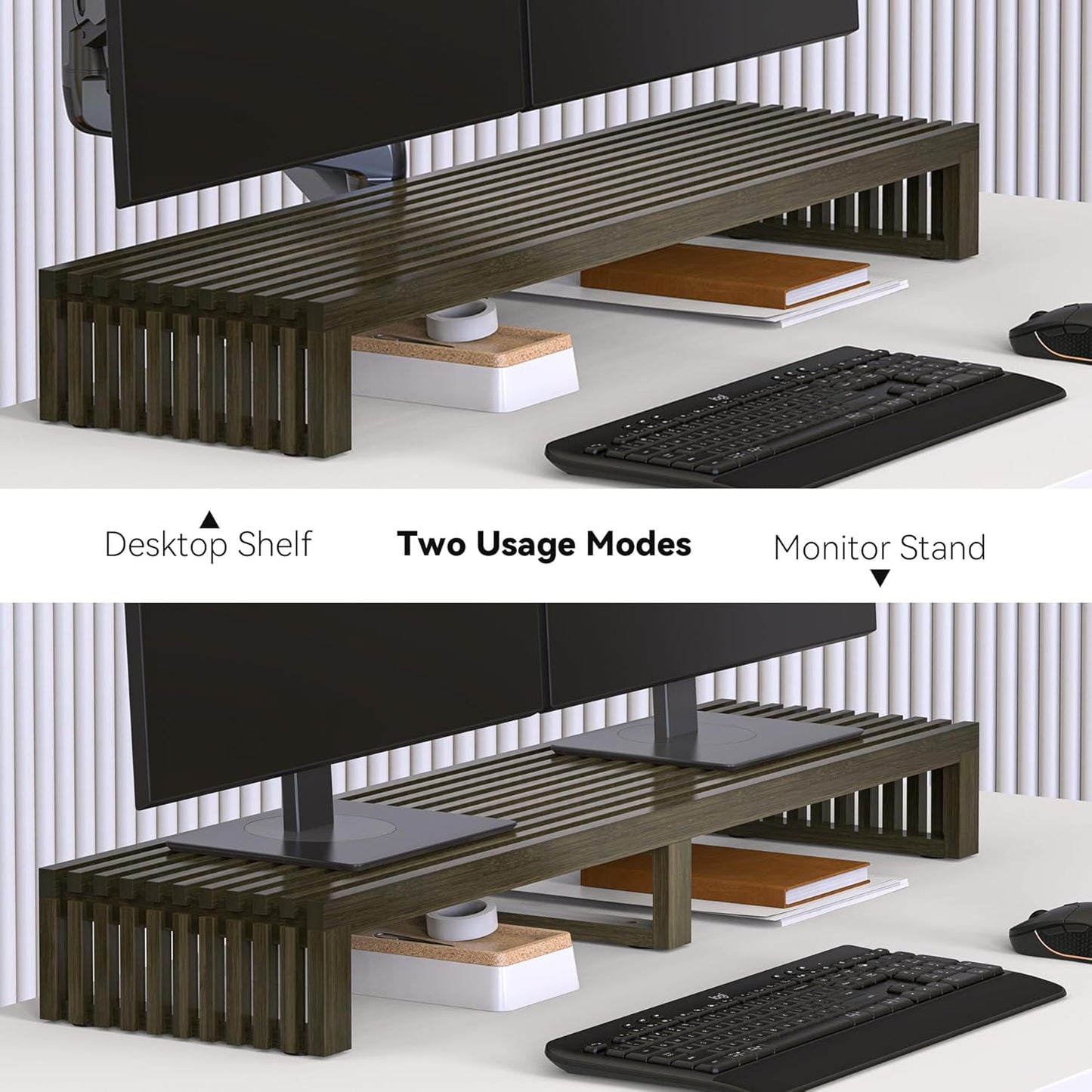 Dual Monitor Riser Stand with Airflow Vents for 2 Monitors, Double Computer Monitor Laptop Stand Grille Design, 3 Mins Assembly Farmhouse 39 inch Bamboo Desk Shelf Organizer (Wenge)