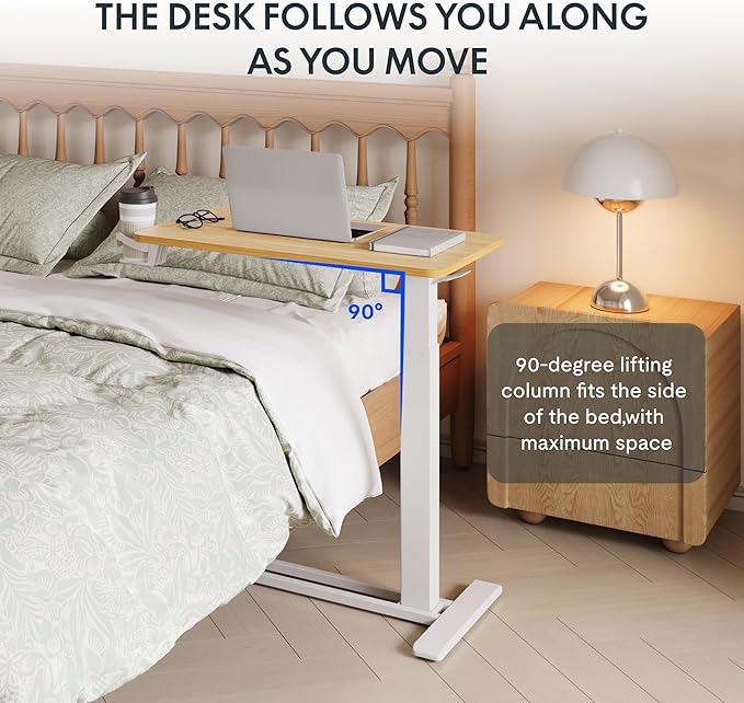 FLEXISPOT H7 Adjustable Overbed Bedside Table with Wheels Pneumatic Mobile Standing Desk Laptop Desk Rolling Computer Cart Movable Overbed Table Hospital Home Use(27.6" W x 15.7" D, Maple Table)