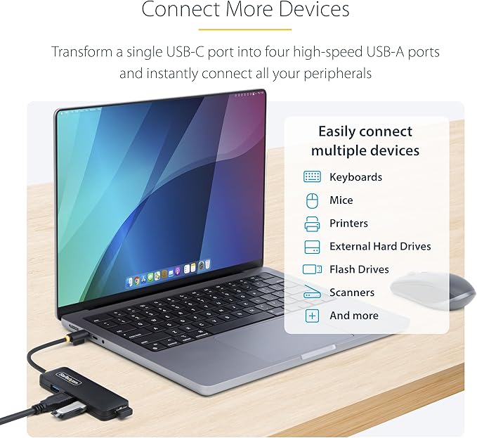 StarTech.com 4-Port USB-C Hub, USB 3.0 (5Gbps), USB-C to 4X USB-A, Bus Powered, Travel Mini Hub, Portable Multi-Port Splitter, Windows PC, MacBook, iMac, Chromebook, Surface and More