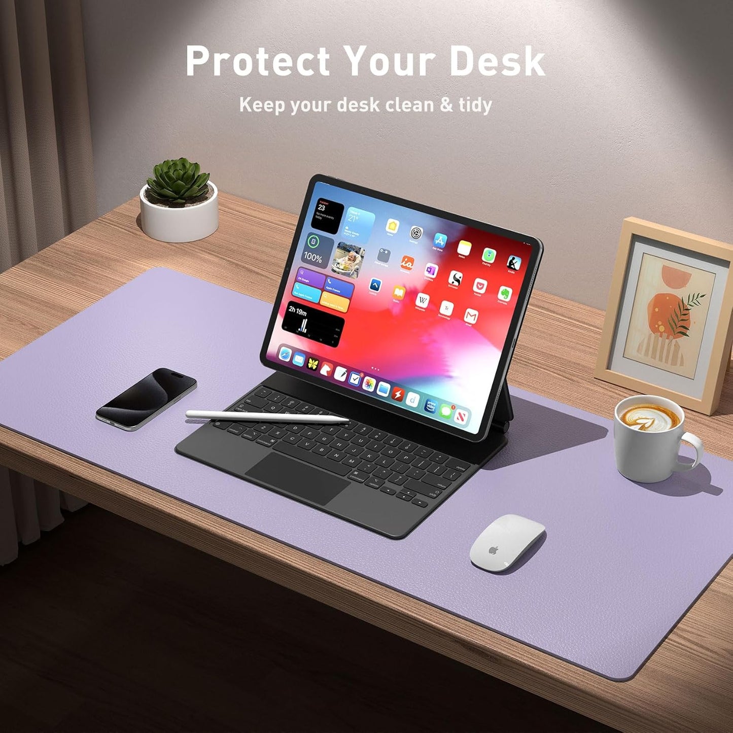 Aothia Non-Slip PU Leather Waterproof Desk Protector Mat, Mouse Pad, Desk Blotter, Writing Pad for Office, Home, Laptop, Lavender, 23.6" x 13.7"