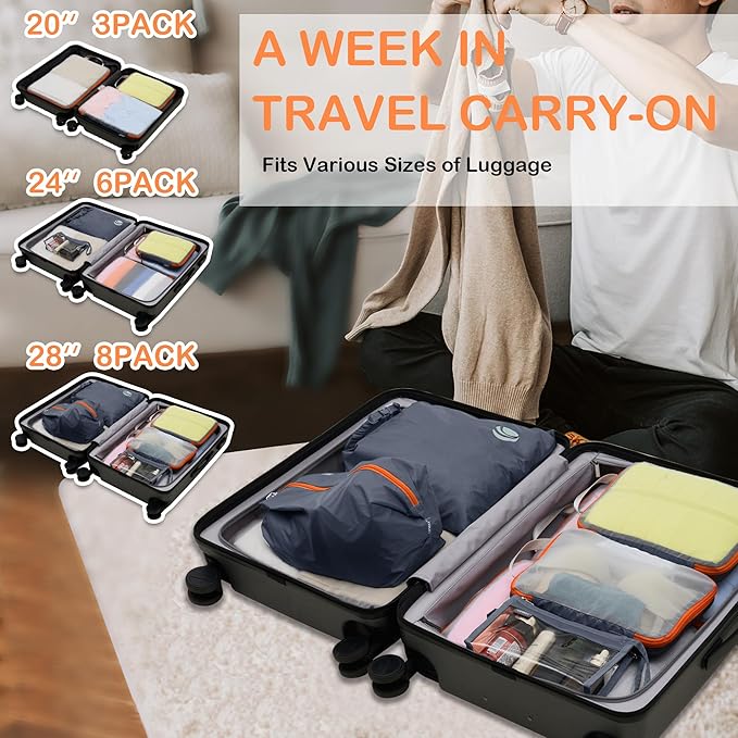 Cipway Compression Packing Cubes Mesh, Lightweight Luggage Organizer Bags with Laundry Bag, Toiletries Bag and Shoe Bag, Travel Essentials for Carry on Suitcase（8 Pcs,Grey）