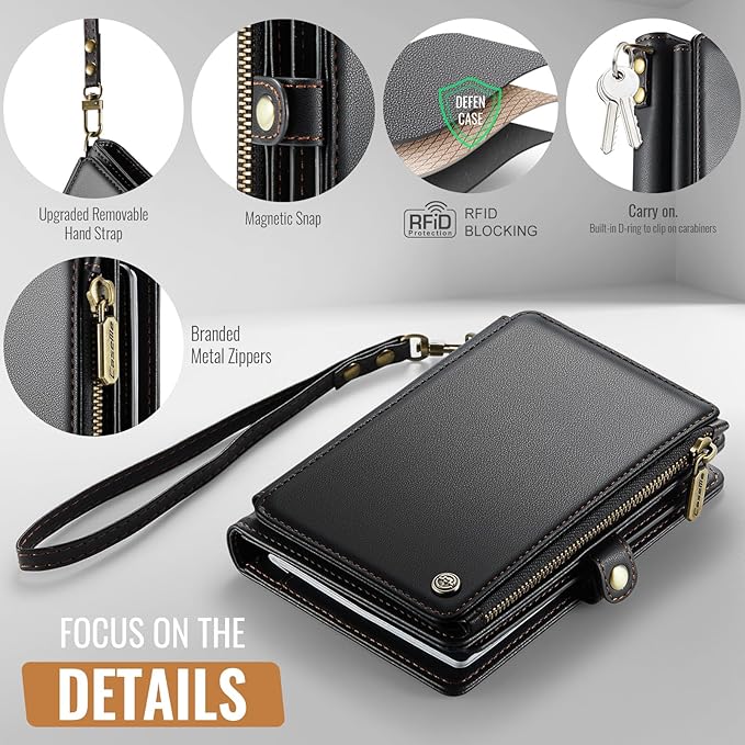 Passport Holder Wallet Bag with AirTag Holder, 11 Card Slots and Passport Solt Cash Solt Photo Solt Zipper Pocket, RFID Blocking Wristlet Strap.Black