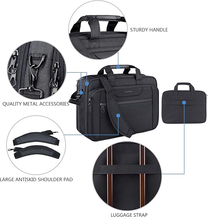 KROSER Laptop Bag Expandable Laptop Briefcase Fits Up to 17.3 Inch Laptop Water-Repellent Shoulder Messenger Bag Computer Bag for Travel/Business/Men/Women-Black