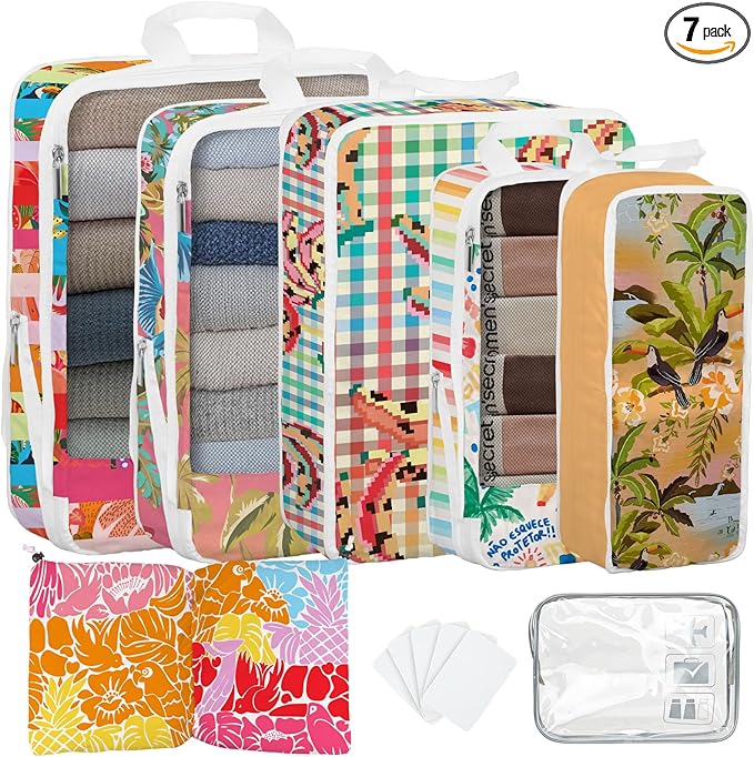 7 Pcs Compression Packing Cubes for Travel, Waterproof Suitcase Luggage Backpack Organizer with Toiletry Bag Travel Essentials for Women/Men-Tropical Pattern