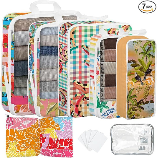 7 Pcs Compression Packing Cubes for Travel, Waterproof Suitcase Luggage Backpack Organizer with Toiletry Bag Travel Essentials for Women/Men-Tropical Pattern
