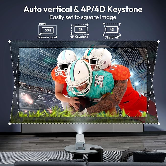 Mini Smart Projector LUXVYN V1 Portable Projector with WiFi and Bluetooth 200 ANSI 4K Support HD Resolution, Auto Keystone Correction Video Projector, 180° Rotatable Stand for Home Movie Pure white