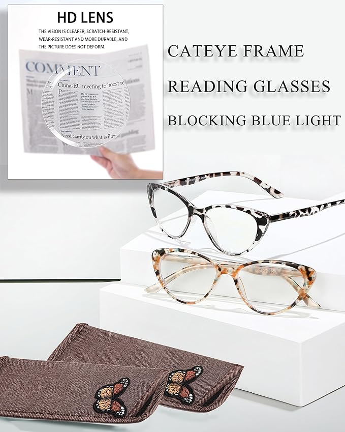 EYEURL Cat Eye Reading Glasses for Women -2 Pack of Blue Light Blocking Readers Spring Hinge Computer Eyeglass with Tortoise/Champagne Pattern Design Readers for women +3.50