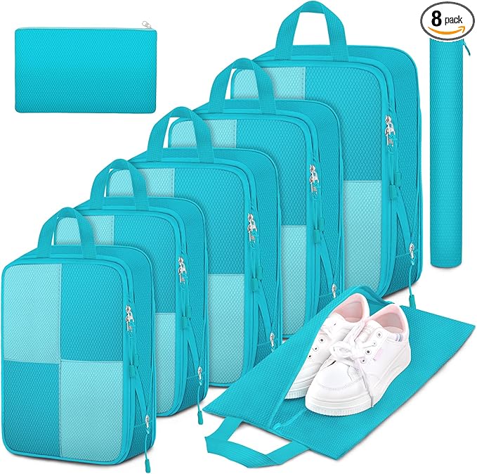 8 Set Compression Packing Cubes for Travel, Expandable Waterproof Travel Organizer, Lightweight Luggage Organizer with Shoes & Laundry Bags, Travel Accessories for Men Women, Turquoise
