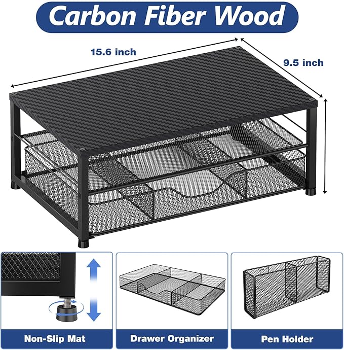 Desk Organizer and Accessories, 2-Tier Computer Monitor Stand with Drawer and 2 Pen Holders, Laptop Stand, Office Desk Accessories for Office Supplies, Carbon Fiber