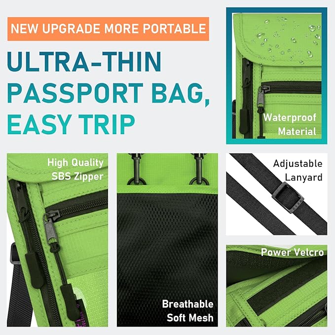 sundee Travel Neck Wallet with Double Zippers, RFID Blocking Passport Holder with Adjustable Neck Strap for Men and Women to Keep Cash, Credit Cards and Travel Documents Safe - Grass Green