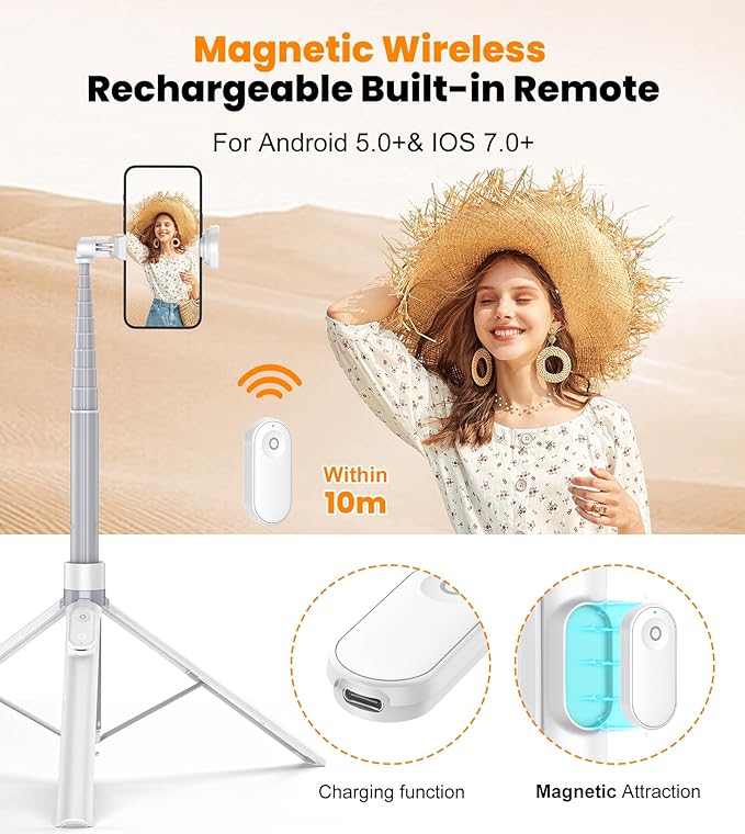 TONEOF 66" Automatic Phone Tripod with Magnetic Rechargable Remote,Selfie Stick 360° Vertical & Horizontal Rotatable,Stable for iPhone/Android(White)