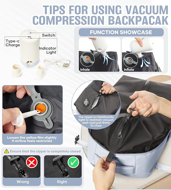 Vacuum Travel Backpack with Pump for Women, Personal Item Carry on Vacpack Backpacks Flight Approved 18x14x8 inches for Men,Laptop Waterproof Work Compression bags Casual Daypack,Grey