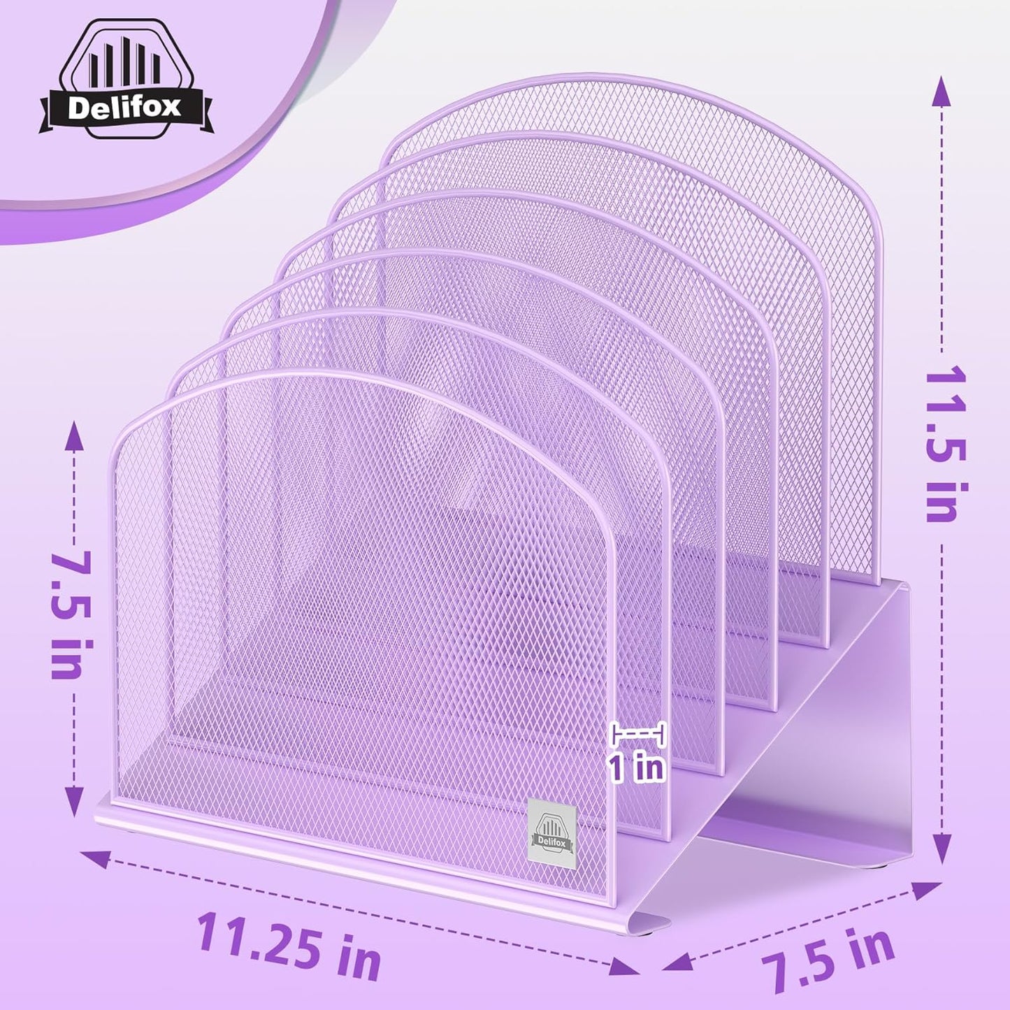 Inclined Desk File Organizer, 5-Section Vertical File Folder Holder Stand Metal Rack File Sorter for Office Classroom Desktop Organization (Purple, 1Pack)