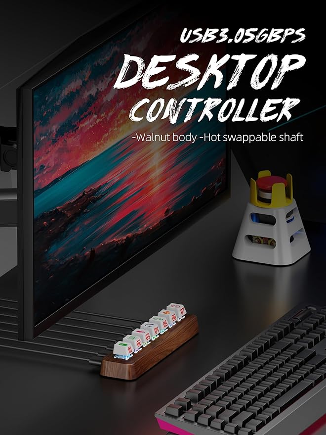 Walnut Wood 7-Port Powered USB 3.0 Hub, 5Gbps Data Transfer, Independent Hot-Swappable 3-Pin Mechanical Keyboard Switch Expander, RGB Backlit Docking Station-FU07