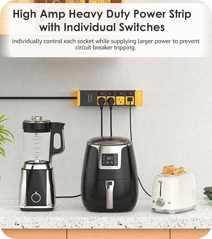 CCCEI Heavy Duty Surge Protector Power Strip 20 Amp Individual Switches. 10FT 12 Gauge Extension Cord with Multiple Outlets. Kitchen, Garage, Shop, Industrial Wall Mount Electric Extender, Yellow.