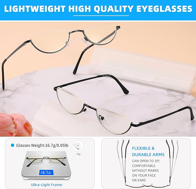 2 Pack Half Lens Reading Glasses Blue Light Blocking, Half Moon Frame Semi Rim Spring Hinge Readers with Case for Men Women Black/Gunmetal +3.0
