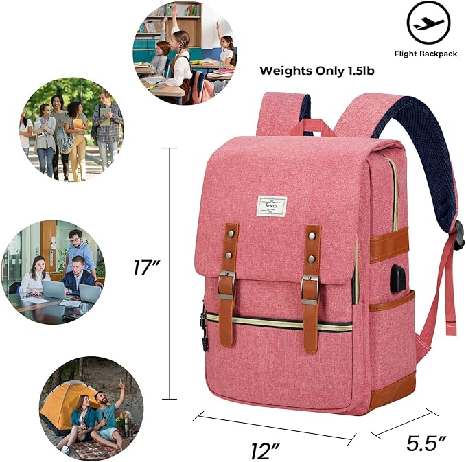 Ronyes Vintage Laptop Backpack for Women Men,15.6 inch Bookbag Casual Daypack with USB Charging Port for College Work, Pink Backpacks