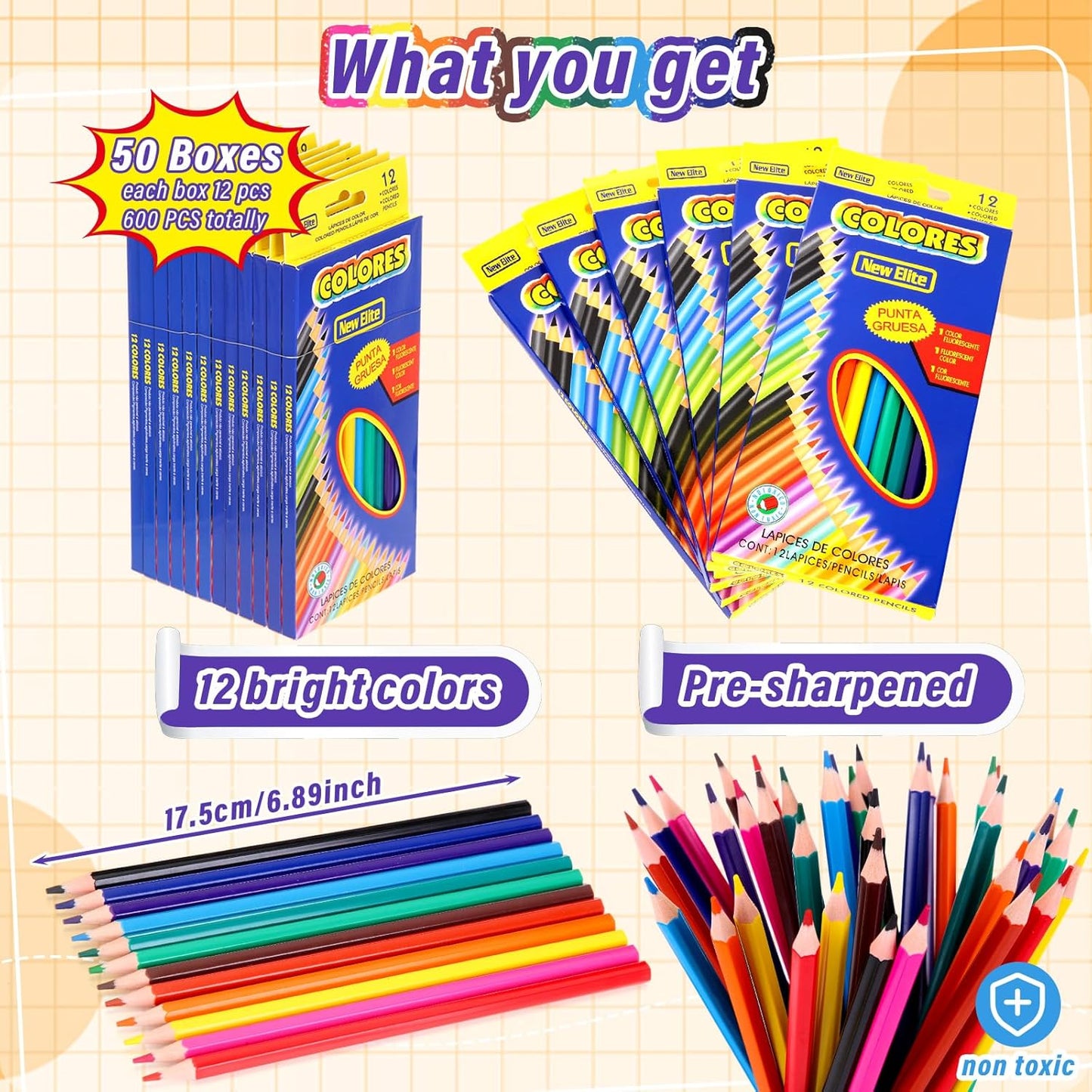 600 Count Colored Pencils Bulk, 12 Assorted Colors, 50 Packs Pre-sharpened Colored Pencils Back to School Supplies Aesthetic Kit for Kindergarten Preschool, with 24 Pcs Sharpeners