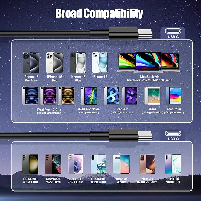 3-Pack Black 10FT 60W USB C to USB C Cable, Type C Fast Charging Cable for iPhone Air 17 16e 16 15 Pro Plus Pro Max，for Galaxy S25/S24, for iPad Pro/Air/mini, for MacBook Pro/Air and More
