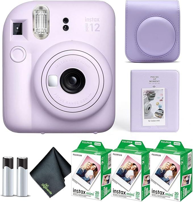 Fujifilm Instax Mini 12 Instant Camera Lilac Purple Bundle with Fuji Instax Mini Film Value Pack (60 Sheets) + Protective Carrying Case + Photo Album + Microfiber Cleaning Cloth
