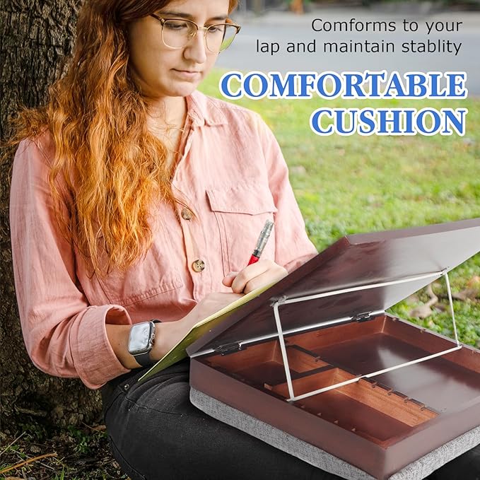 Wood Easel Lap Desk with Storage Schoolhouse Lap Desk with with Detachable Cushion Lap Tray with Cushion Laptop Table for Sofa Serving Tray Adjustable Laptop Stand for Bed for Home Office Schoolhouse