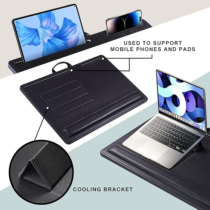 CENNBIE Leather Lap Desk with Memory Foam Cushion 24x16 Inches- Adjustable Portable Laptop Tray Fits 17 19 Inch Notebook - Built-in Wrist Rest Lightweight Computer Desk (Black)