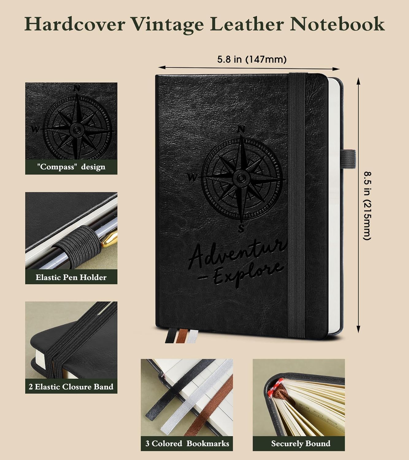 Lined Journal Notebook for Men Women, 160 Pages Ruled Paper, Inner Pocket, A5 Hardcover Vintage Leather Notebooks for Work, School, Travel Journaling, Daily Diary, Notepad 5.8" x 8.5" (Black)