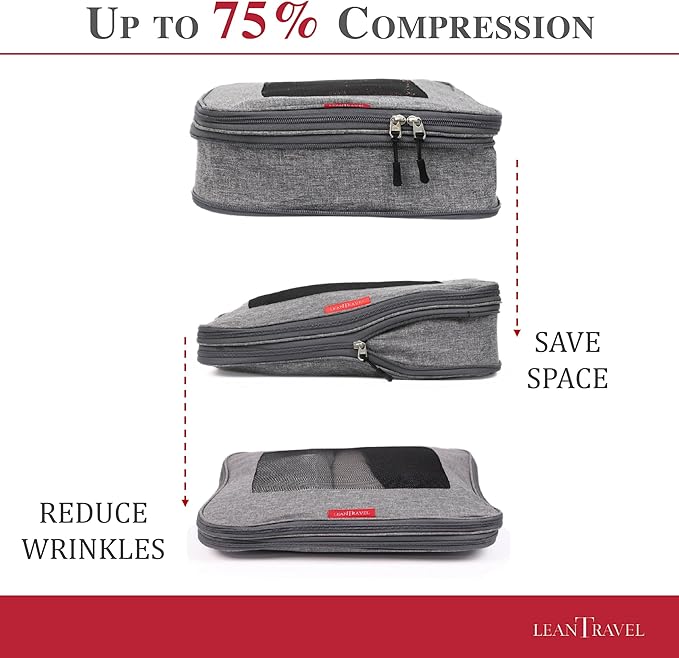 LeanTravel Compression Packing Cubes for Travel Organizers with Double Zipper (3-Pack (2L+1M), Grey)