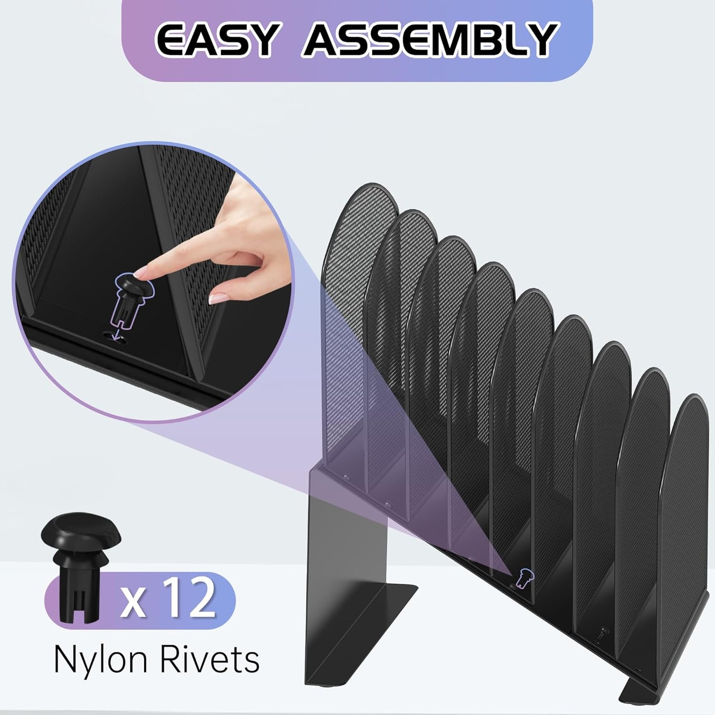 Inclined Desk File Organizer Metal Desk Magazine Folder Holder with 8-Section Vertical Compartments Rack File Organizer for Office, Home, School, Black