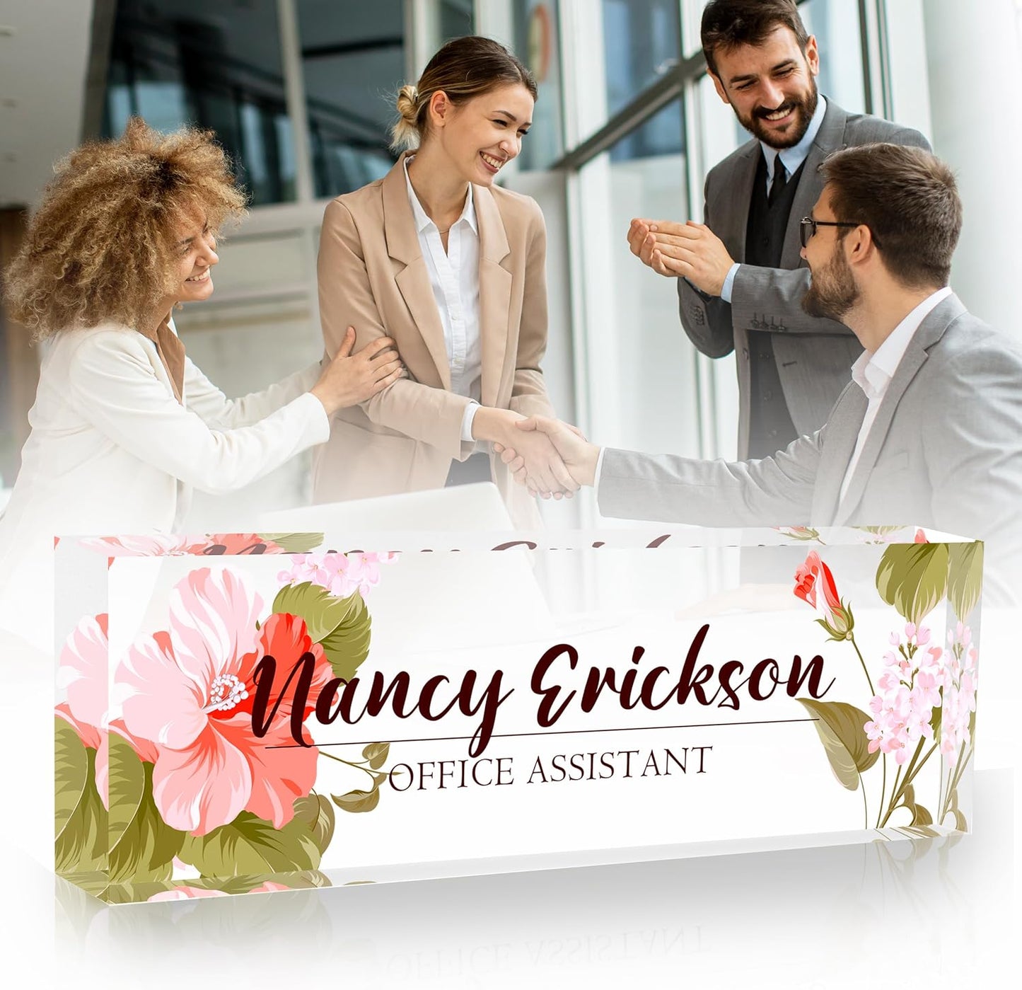 Acrylic Name Plate Personalized, Teacher Name Plates for Desks Classroom, Gifts for Teacher Boss Employee Appreciation Office Desk Decor (Pink Flowers)