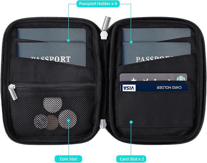 WALNEW Passport Holder Family for 4, RFID Blocking Travel Wallet Women Men, Lightweight Zipper Document Organizer Pouch Bag Credit Cards Case Cover for Travelling, Black