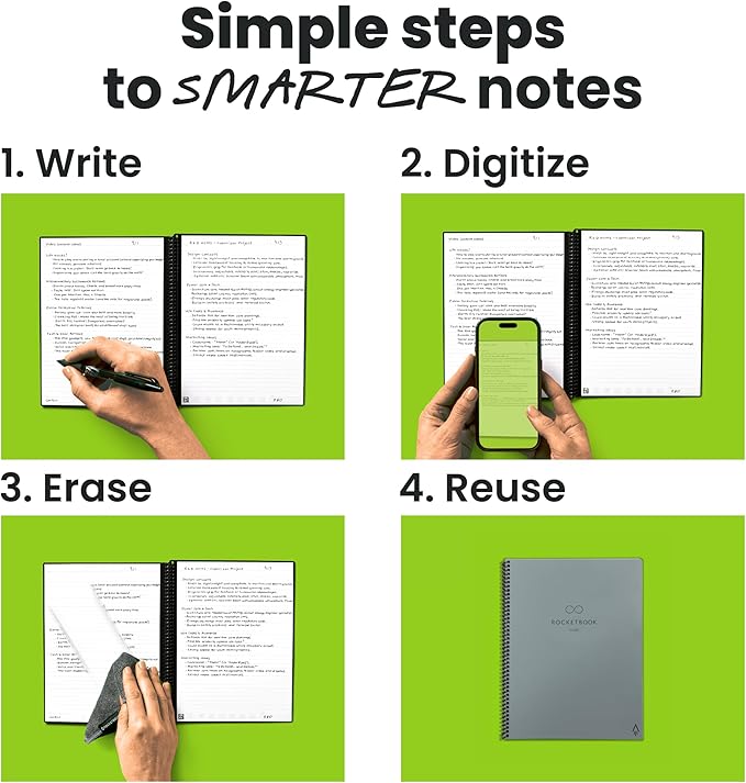 Rocketbook New Core Reusable Spiral Notebook, Letter Size 8.5x11, Gray - Lined Pages, App-Connected, Erasable, Durable Cover, Ideal for School, Work, and Creative Projects
