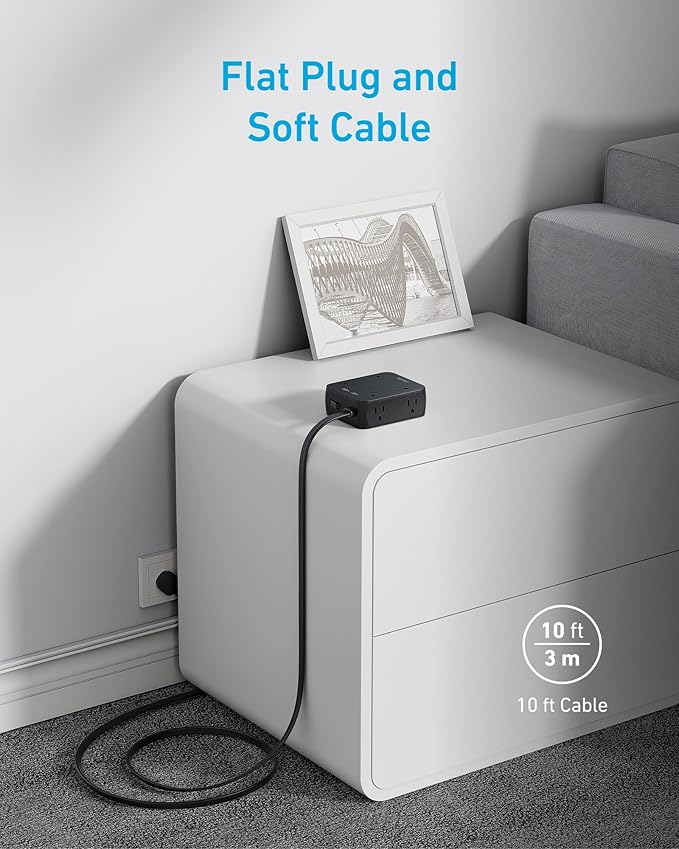 Anker Surge Protector Flat Plug Power Strip 2000J, 10ft Thin Extension Cord, 8 Outlets,2 USB A and 1 USB C Port,20W for iPhone15,Wall Mount,Compact for Home,Office,Room,TUV Listed