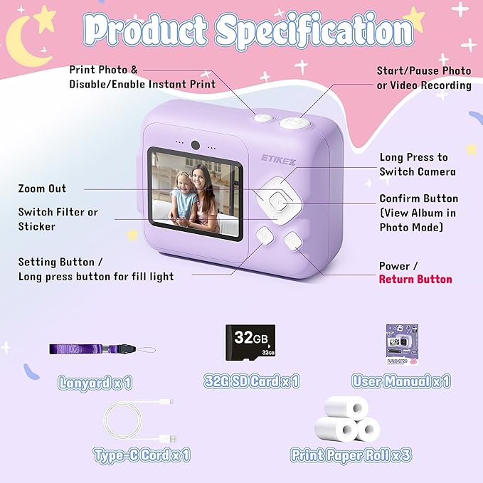 Instant Print Camera for Kids, HD Digital Camera, Christmas Birthday Gifts for 4 5 6 7 8 9 10 Year Old Girls Boys, Portable Toy Camera with 32GB SD Card & 3 Rolls Printing Paper, Violet