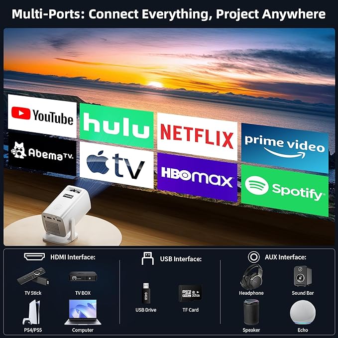 Mini Projector, Portable Projector 4K Support, Full HD 1080P Outdoor Projector, 270° Rotation Movie Projector, Compatible with Smartphone, TV Stick, Laptop, PS4, HDMI, USB (No WiFi or Bluetooth)