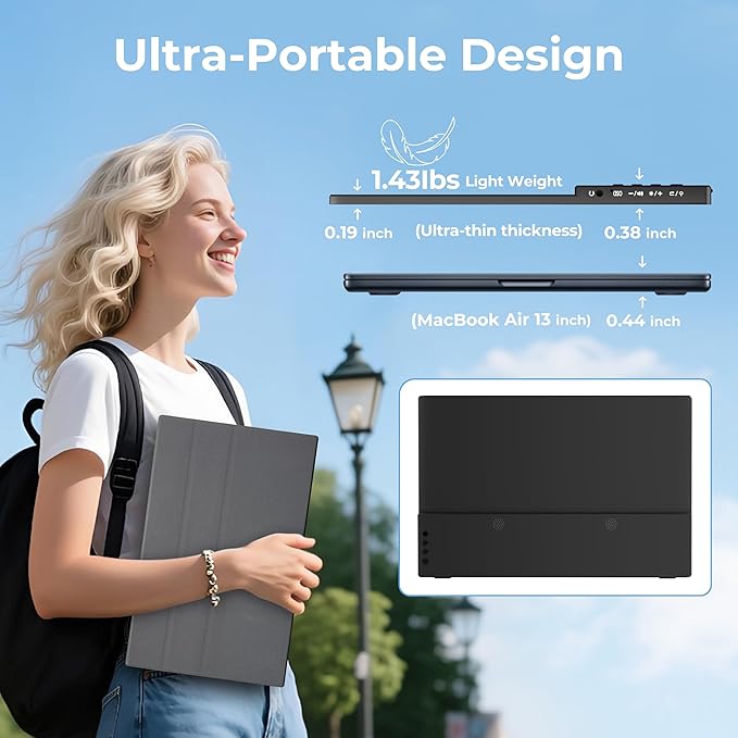 Portable Monitor 14" Ultra-Slim 1920×1200 FHD IPS, 100% sRGB, USB-C/HDMI Second Screen for Laptop/PC/Mac/Phone/Xbox/PS4/Switch - Built-in Speakers & Protective Cover