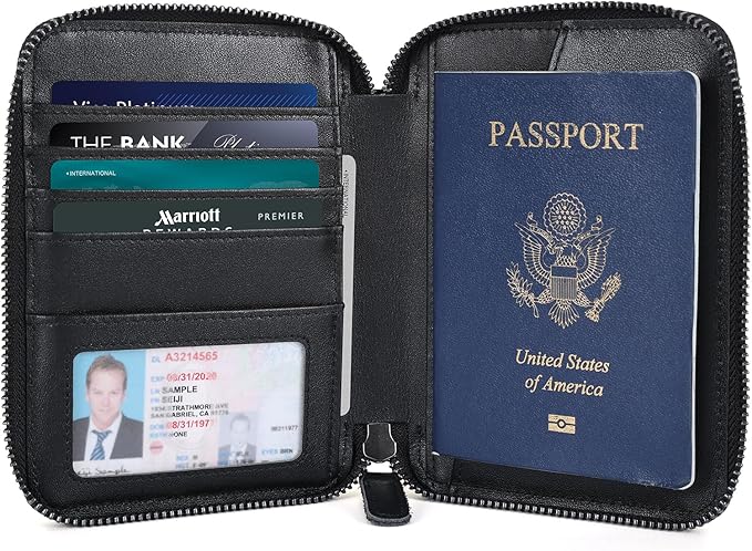 Polare Full Grain Leather Travel Passport Wallet RFID Blocking Passport Holder Soft Bifold Cover Case with YKK Zipper (Black with AirTag Slot)