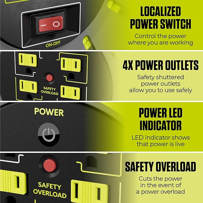 3ft Cord Reel, Retractable Extension Lead with Winding Handle, Safety Overload Circuit Breaker and Power Switch, 4x Grounded Outlets, 13amps, 14AWG Cable