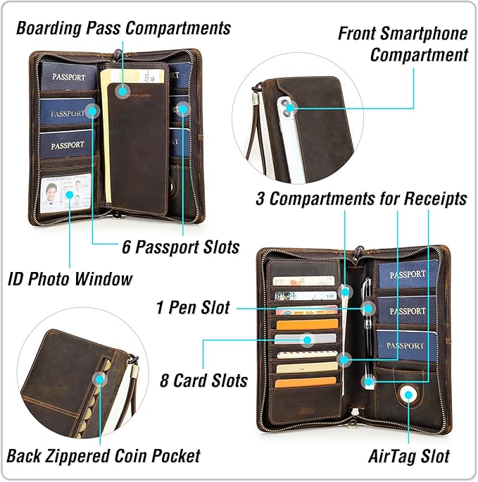 Top Grain Leather Travel Passport Wallet Organizer Case for Families, Handmade for 6 Passports & Multi Cards, RFID Blocking Large Capacity for Cards/Passports/Tickets/AirTag, Matte Coffee