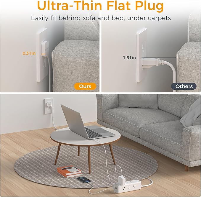 TESSAN Surge Protector Power Strip with USB, Ultra Thin Flat Plug 6 FT Extension Cord with 9 Outlets 3 USB(1 USB C), 1050 J Surge Protector Charging Station for Indoor,Office, Dorm Room Essentials
