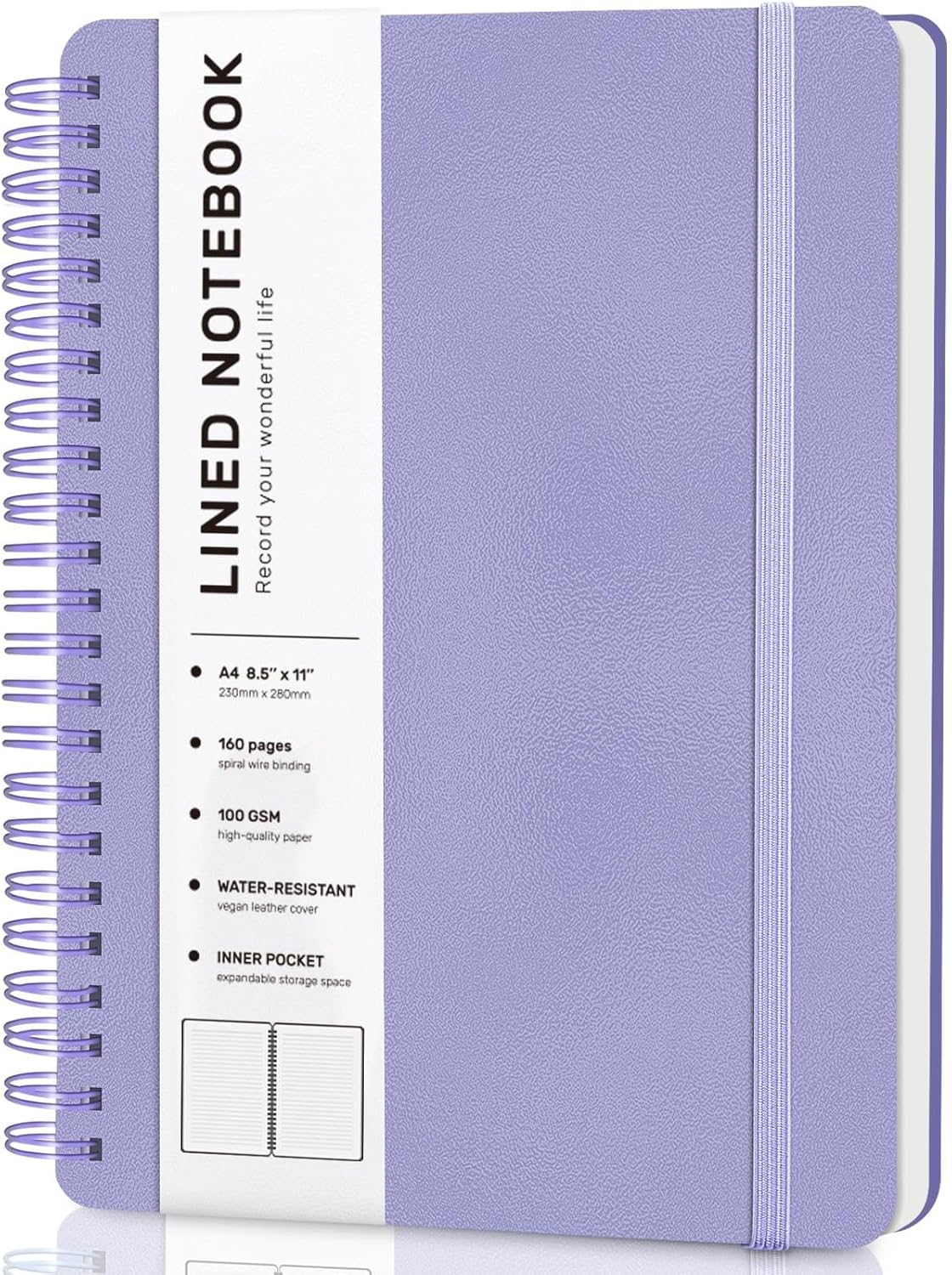 Lined Spiral Journal Notebook, A4 Hardcover Leather Notebook for Work, 8.5''×11'', 100GSM Thick Paper Spiral Bound Journaling Notebooks for Women & Men Office School Note Taking Business, Purple