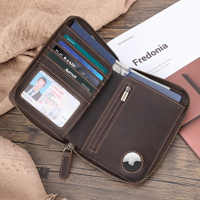 Polare Full Grain Leather Travel Passport Wallet with YKK Zipper and RFID Blocking Document Organizer Holder 2 Passports (Dark Brown with AirTag Slot)