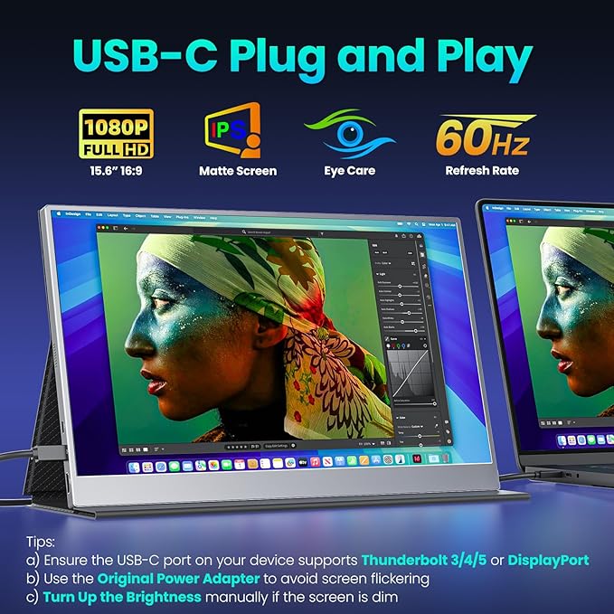 Portable Monitor 15.6 Inch 1080P FHD HDR IPS Travel Screen HDMI USB-C Portable Monitor for Laptop MacBook PC Surface Xbox PS4/5 with Cover, VESA Compatible