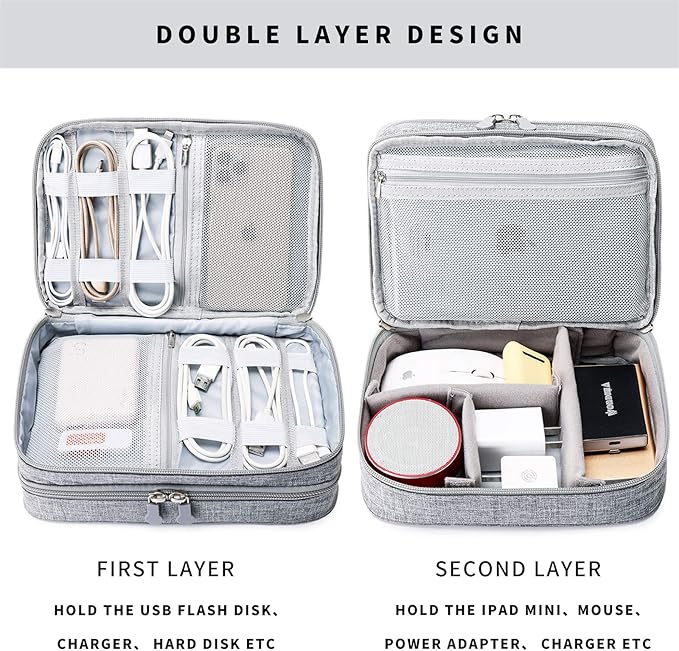 MIRLEWAIY Portable Electronics Accessories Organizer Bag Travel Charger Cable Storage Soft Case Double Layer for Hard Drives, Cord, USB, SD Cards Carrying, Grey