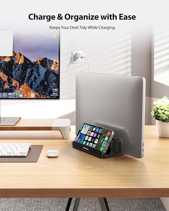 AboveTEK Vertical Laptop Stand Holder, 3 Slots Aluminum Desk Stand with Adjustable Dock Size for Tablet, MacBook, Phone - Universal Fit (up to 17.3") - Heavy Duty Polished, Anti Slide - Black